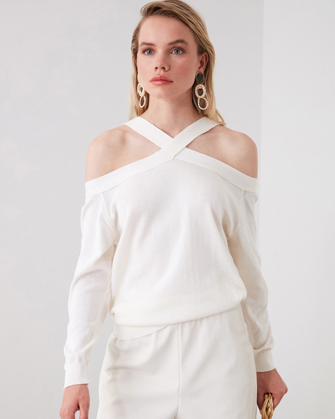 off the shoulder criss cross sweater