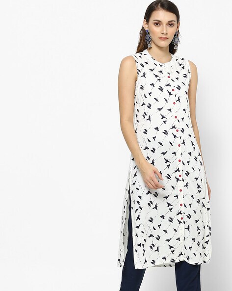 Bird Print Sleeveless Straight Kurta