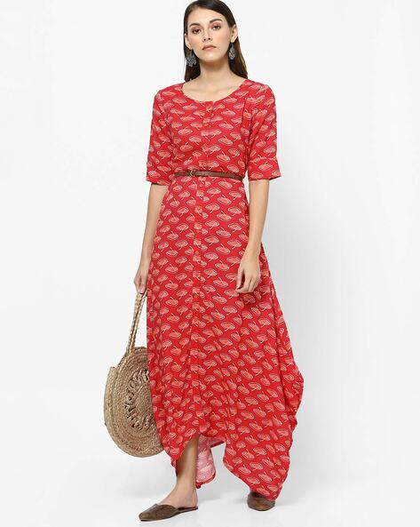 Printed Button-Down Cowl Dress