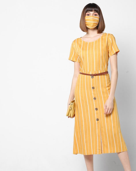 Striped Sheath Dress with Belt & Mask