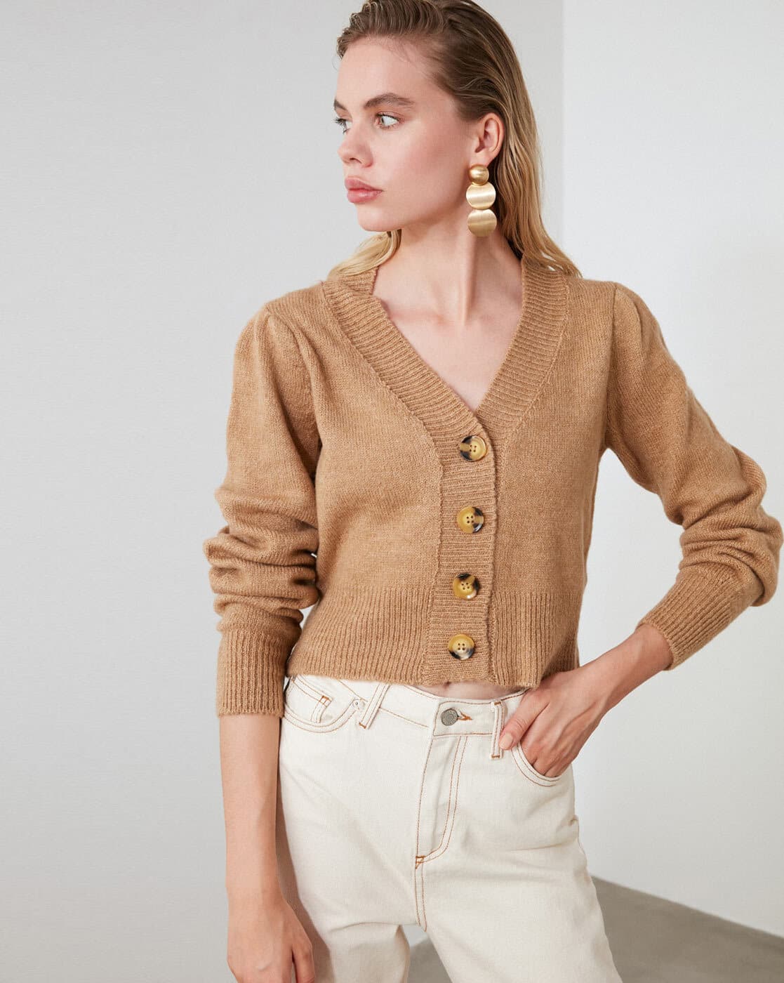 Textured Button-Down Cropped Cardigan