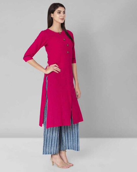 Round-Neck Straight Kurta with Mock Buttons