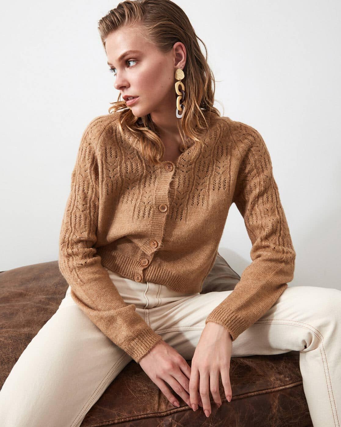 Textured Button-Down Cropped Cardigan