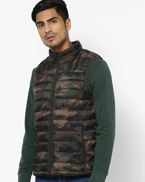 Camouflage Print Quilted Gillet with Insert Pockets