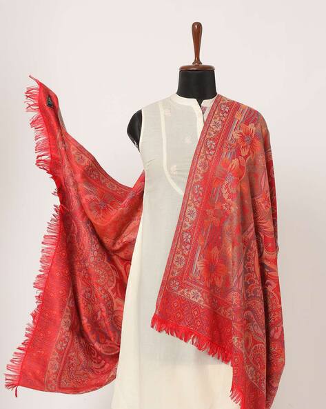 Floral Woven Shawl with Frayed Hemline Price in India