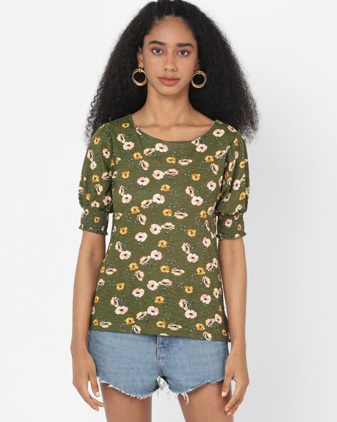 Floral Print Top with Smocked Sleeves