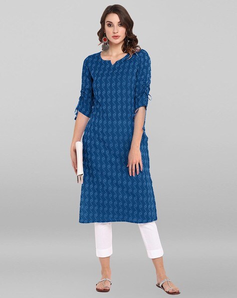 Floral Pattern Straight Kurta with Tie-up Sleeves