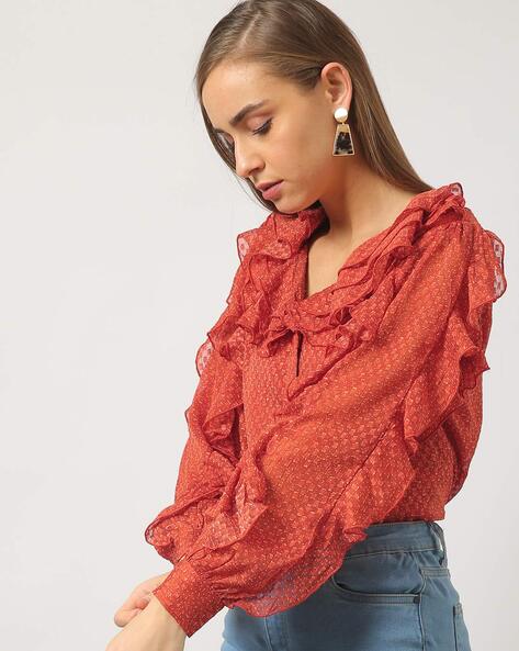 Women Printed Ruffled Button-Down Rust Top with Cuffed Sleeves