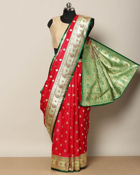 Green & Red Woven Banarasi Silk Saree – Zari Banaras