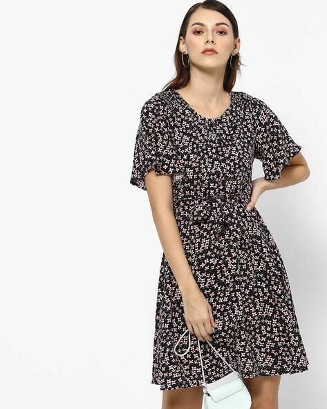 Floral Print A-line Dress with Tie-Up