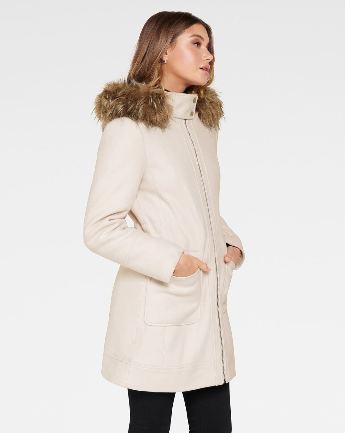 cream coat with fur hood