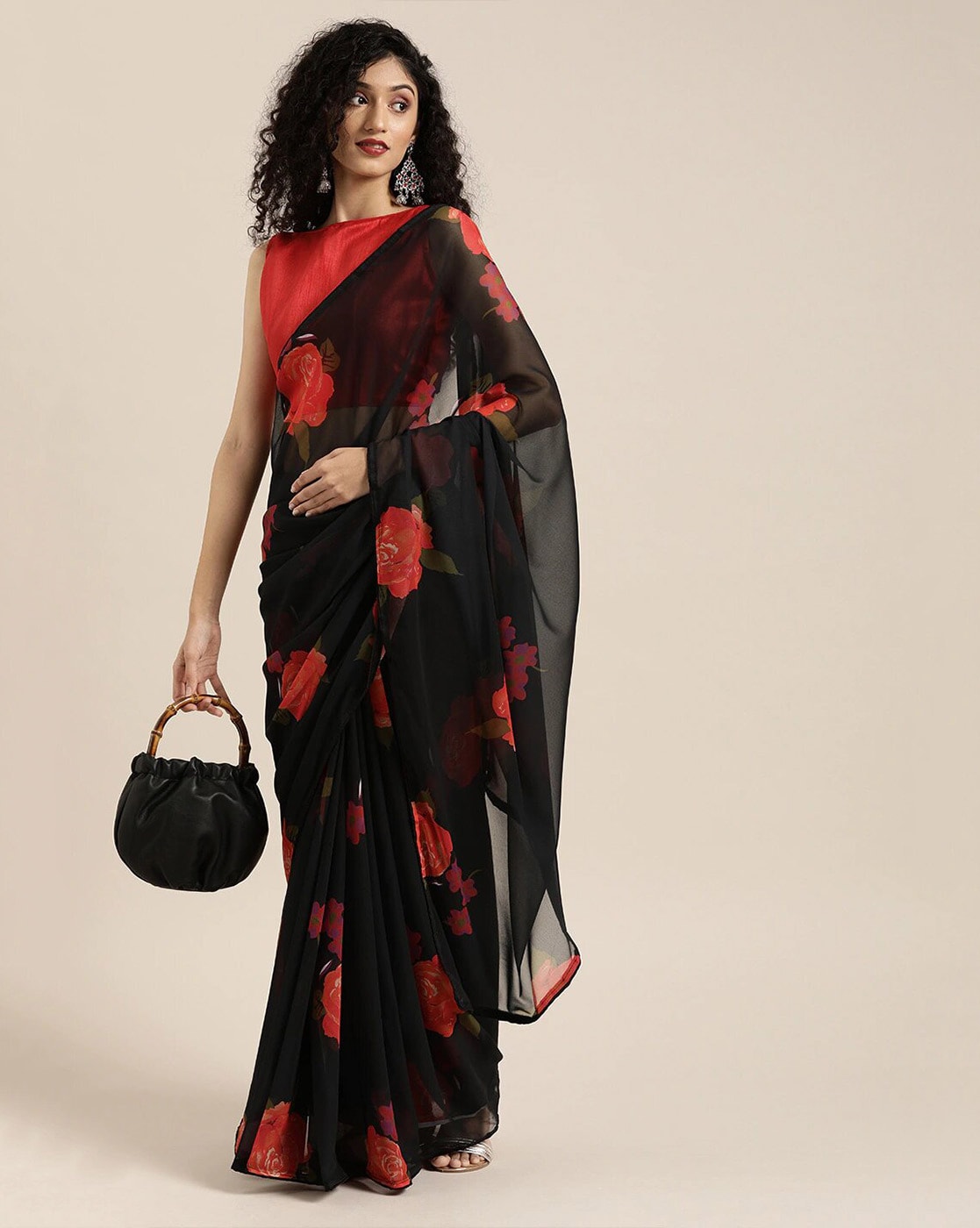 Shabnam Black Floral Organza Saree – Thread & Button