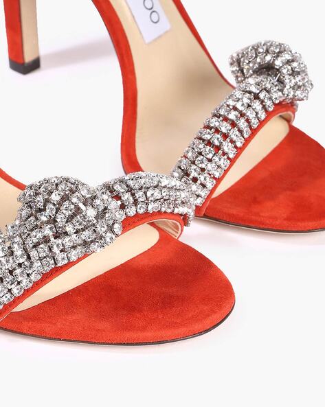 Buy Jimmy choo Thyra Suede with Crystal Knot Sandals Red Color