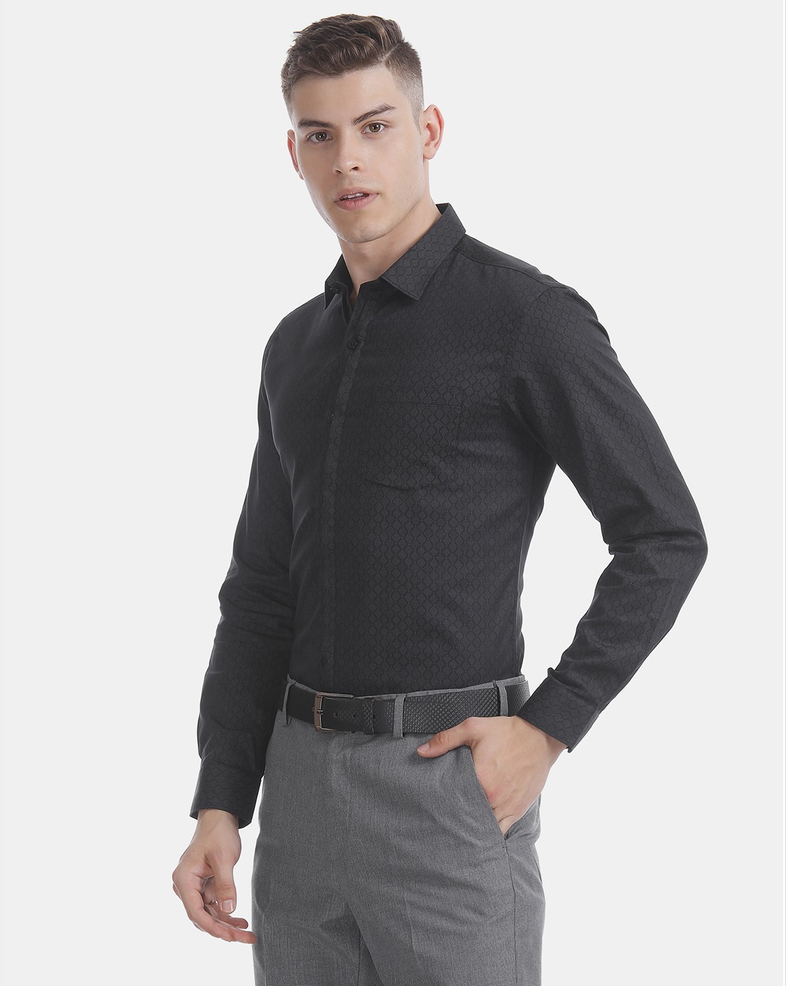 Black shirt textured grey trouser | Black shirt, Grey trousers, Shirts