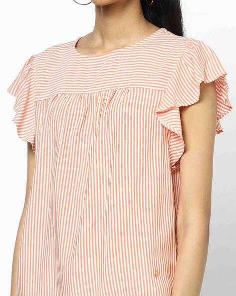 Cotton Rich Striped Ribbed Henley Short Sleeve Top