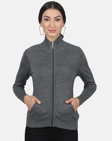 Heathered High-Neck Zip-Front Cardigan