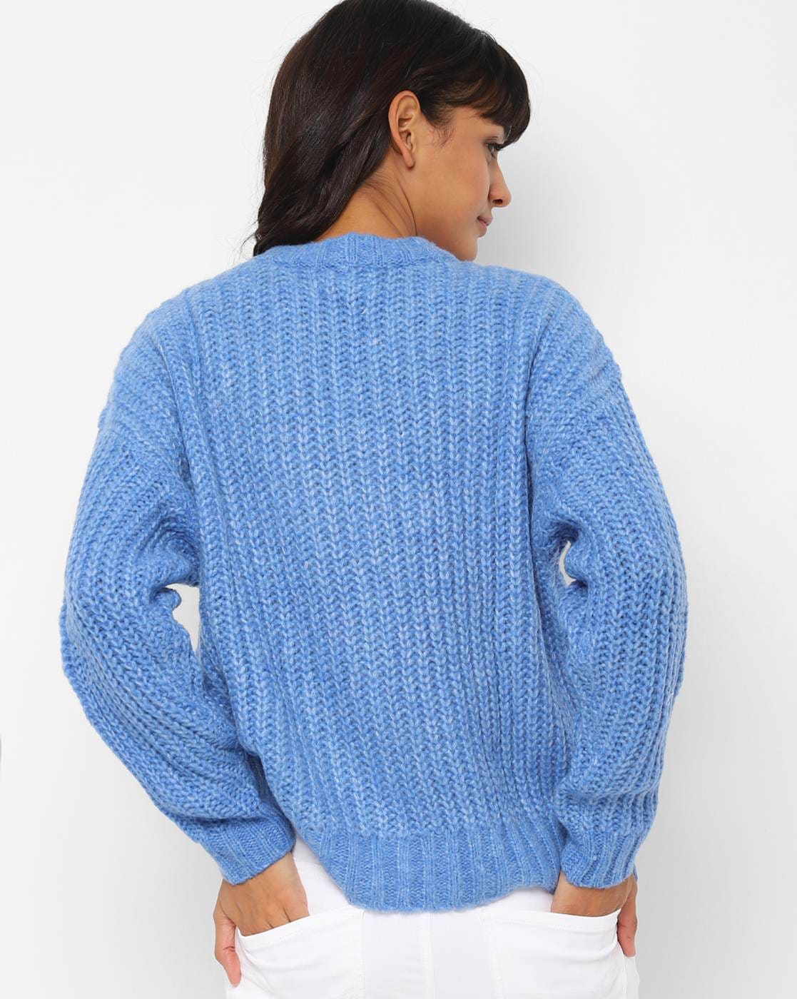 Aerie Ribbed Crewneck Cotton Sweatshirt Blue Small