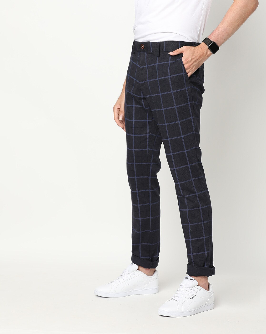 Shop WES Formals Navy Checkered SlimFit Trousers Online  Westside