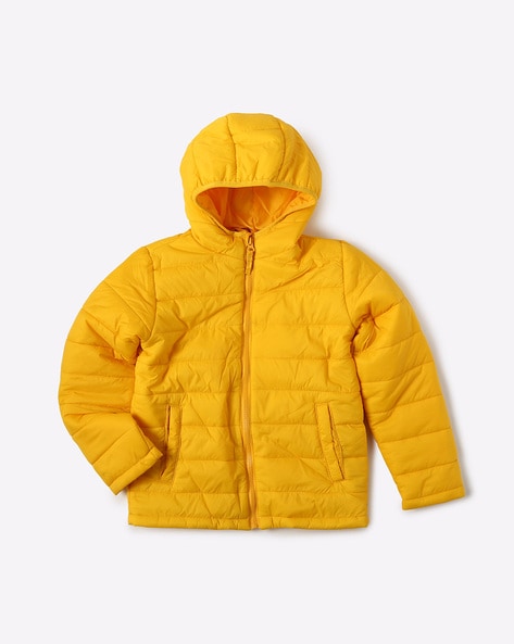 yellow hooded puffer jacket