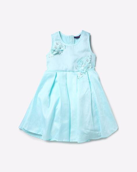 Pleated A-line Dress with Floral Appliques