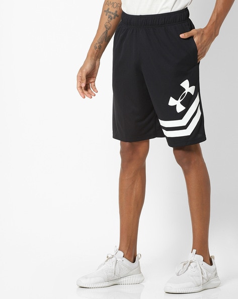 Men’s Under Armour Flat Front Basketball Shorts Pockets Logo Black Size  Large