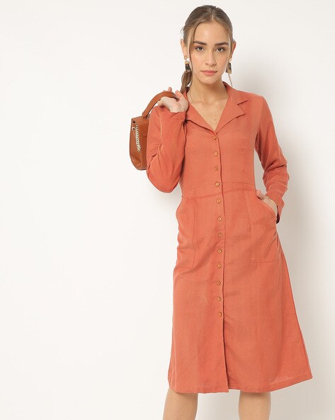 Button-Down Shirt Dress with Notched Lapel