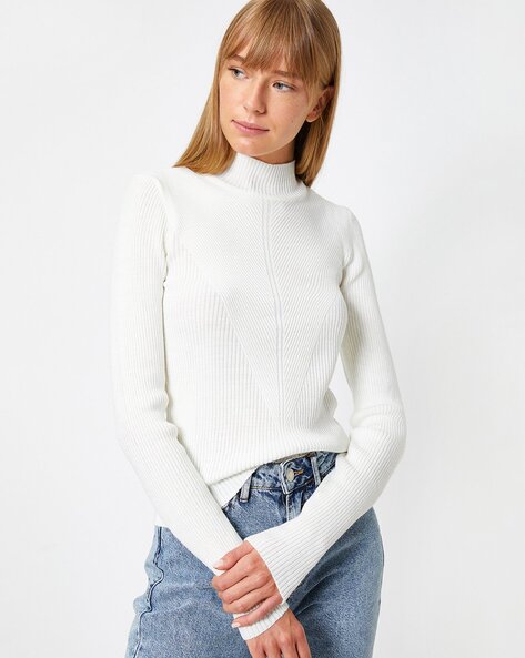 Ribbed High Neck Knitted Sweater Offwhite