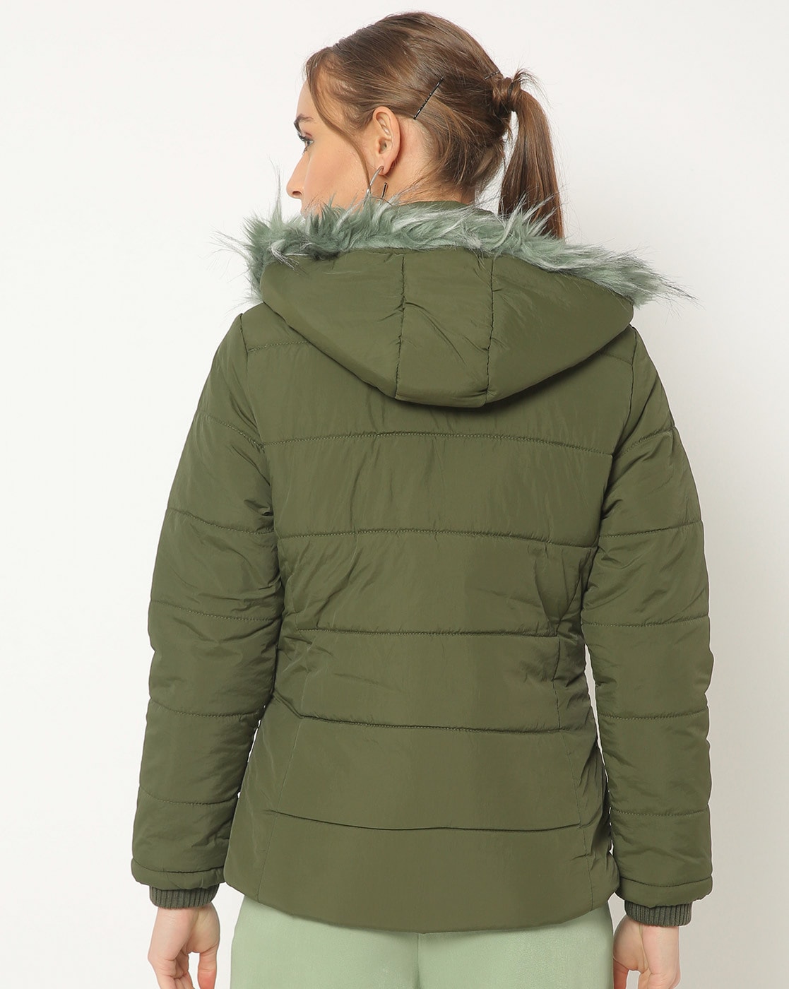 olive green puffer coat with fur hood