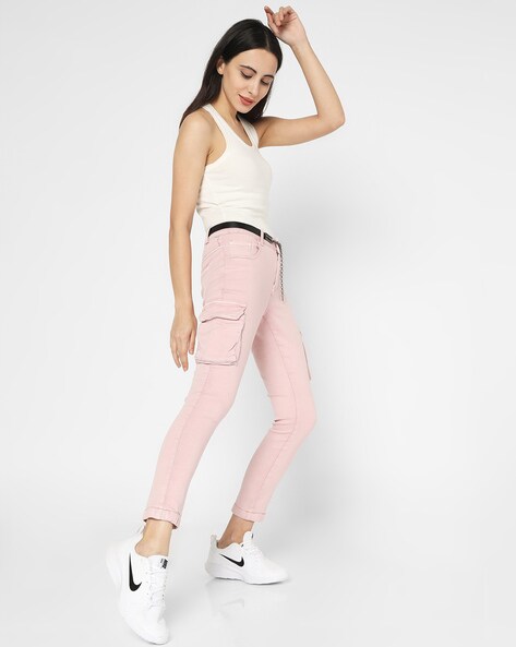 Buy PINK STRAIGHT HIGH-RISE CARGO JEANS for Women Online in India