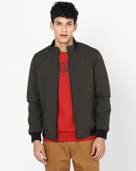 Slim Fit Zip Front Bomber Jacket with Insert Pockets