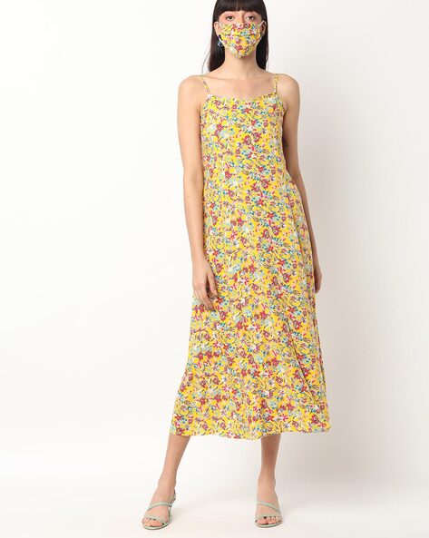 Floral Print Strappy A-line Dress with Mask