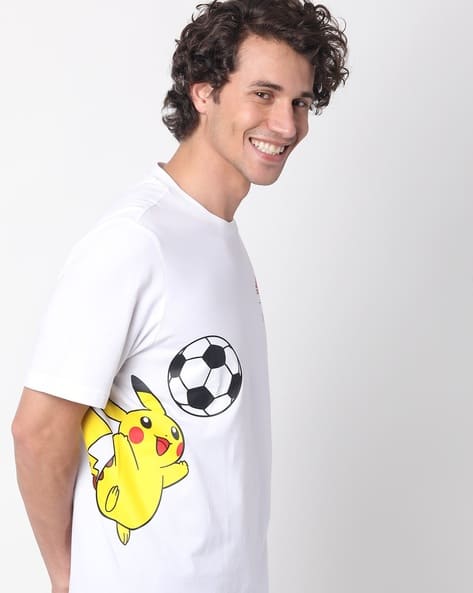 Regular Fit Pikachu Graphic Print Crew-Neck T-Shirt with Branding