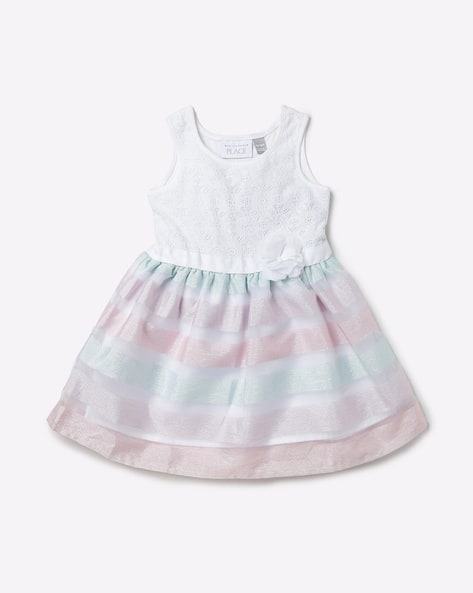 Striped Flared Dress with Lace Yoke