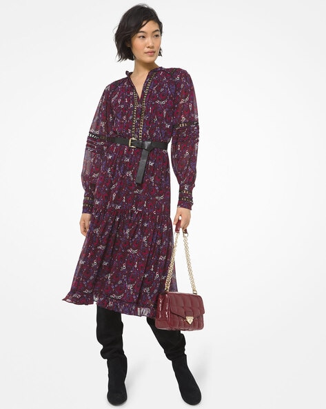 Buy Michael Kors Paisley Print A-line Dress with Mandarin Collar | Purple  Color Women | AJIO LUXE