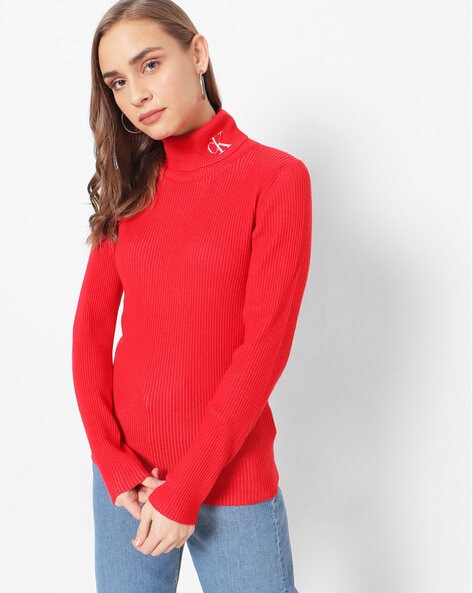 Ribbed High Neck Pullover with Branding