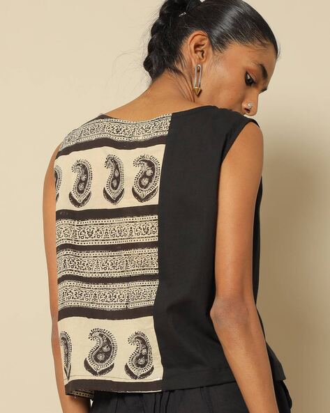 Buy Black Bagru Block Printed Cotton Camisole Top Online at