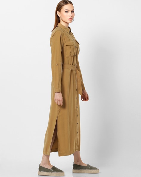 Buy Tan Brown Shirt Dress With Embroidery Online - W for Woman