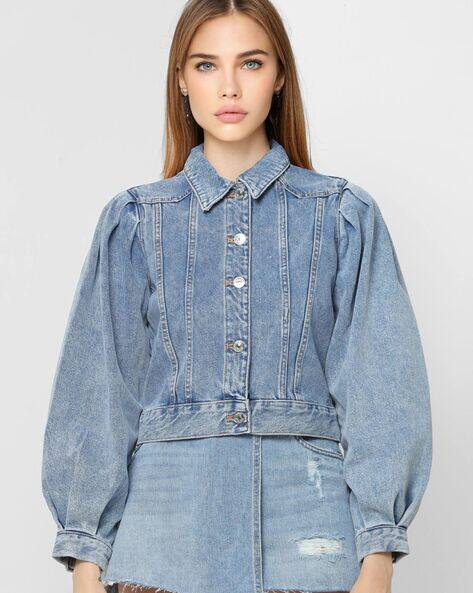 holiday DAMAGE DENIM PUFF JACKET Denim Puffer Coat | Express