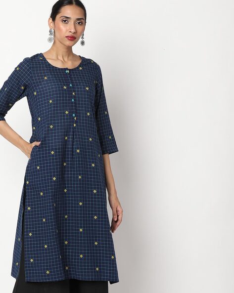 Checked Straight Kurta with Insert Pocket