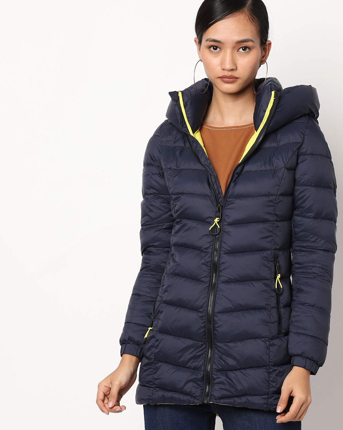 navy blue puffer jacket with hood