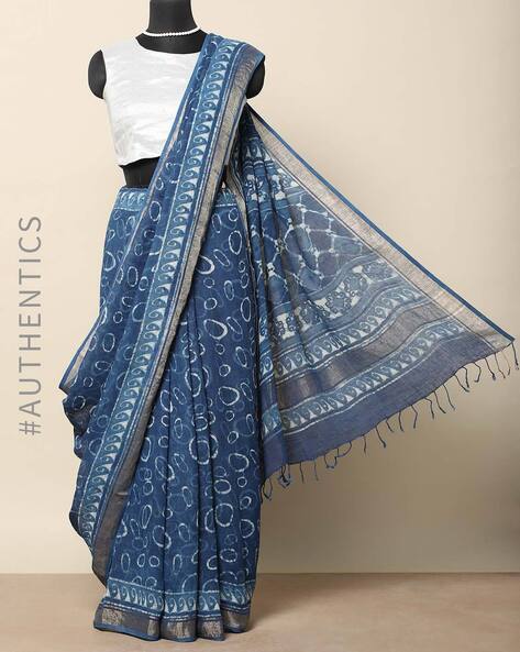 Indigo Blue Cotton Linen Saree