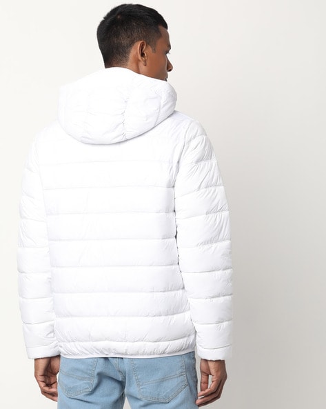 Mens White Puffer Quilted Jacket Zipped Detachable Hood Tailored Fit Casual