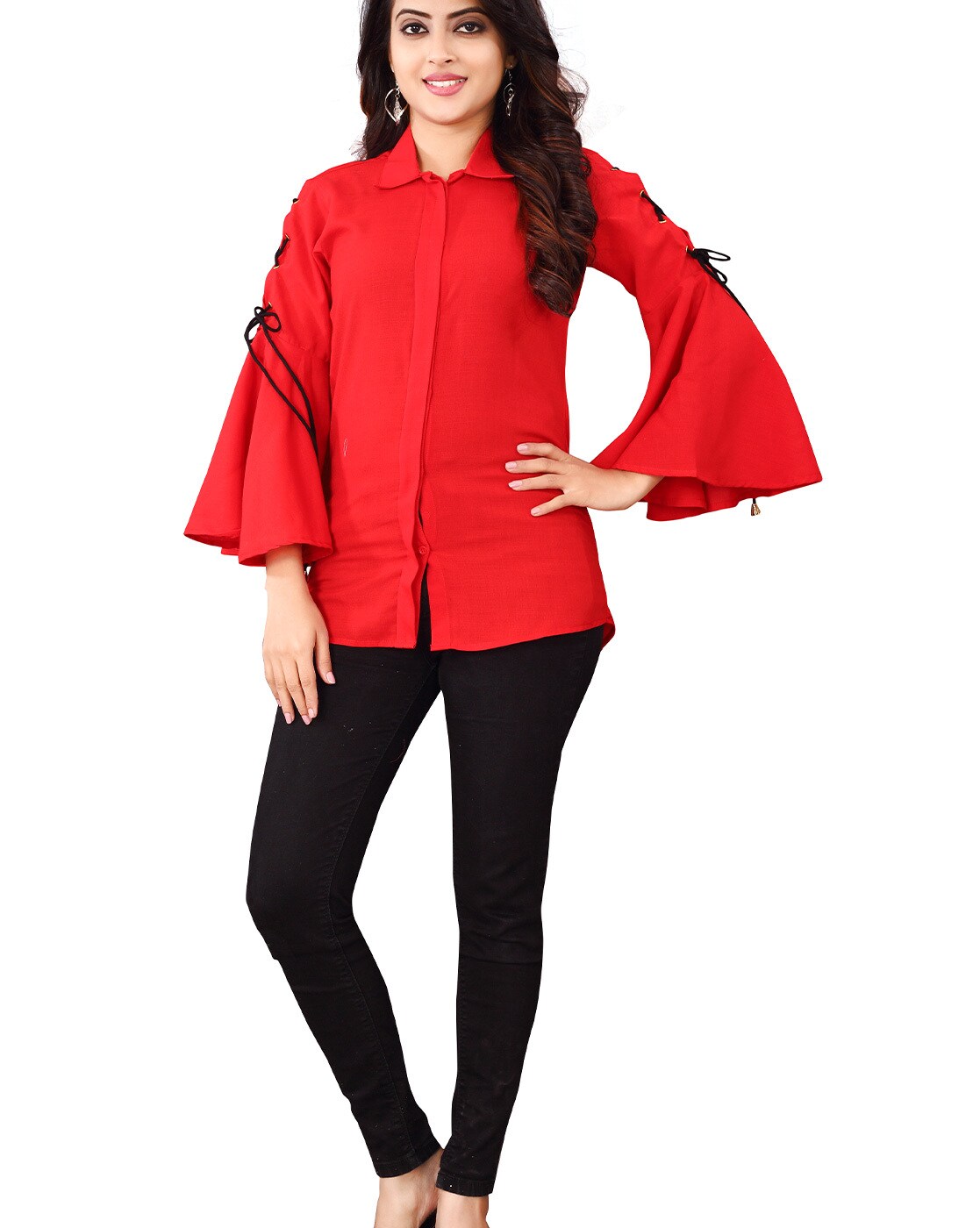 red shirt with bell sleeves