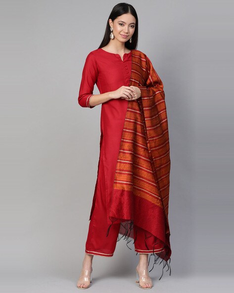 Straight Kurta Set with Striped Dupatta