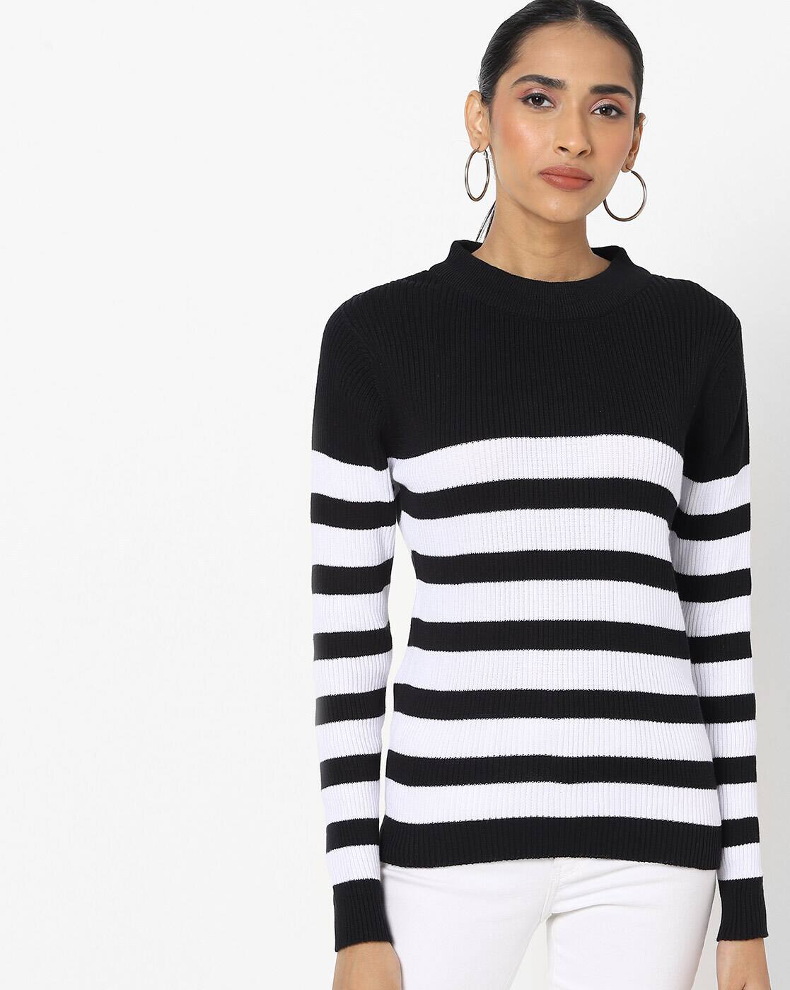 women's black and white striped sweater