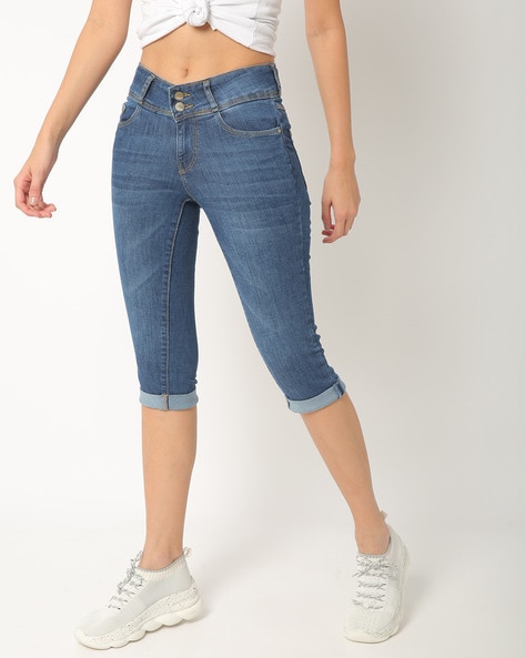 Womens High Waist Cropped Jeans Ladies Stretch Denim Capris Turn Up Cuff  3/4 Length | Wish