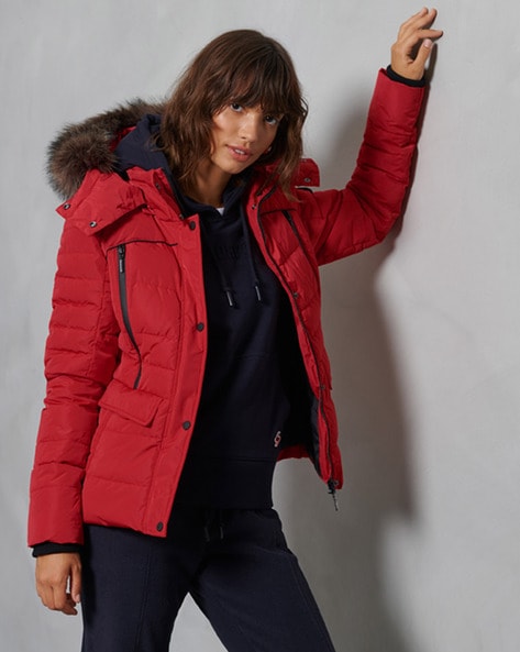 Red faux fur hot sale puffer jacket