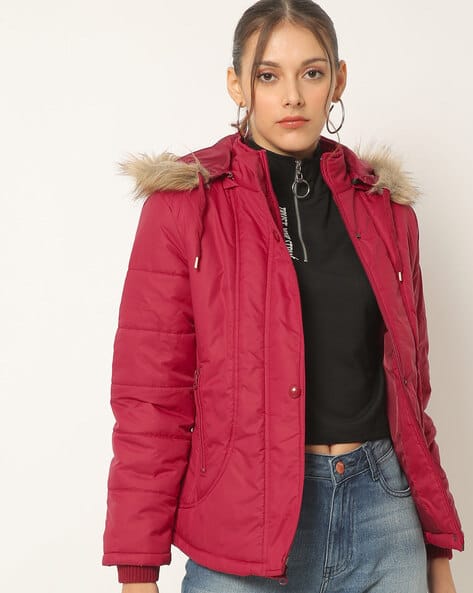 Ashland Quilted Zip-Front Bomber Jacket with Detachable Fur-Lined Hood