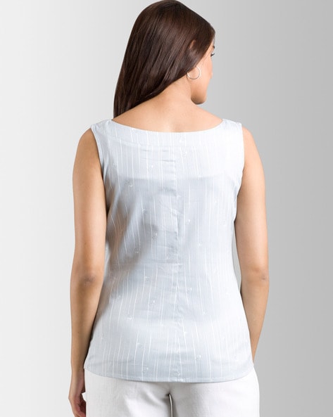 Buy Fablestreet Cotton Linen White Sleeveless Shirt for Women