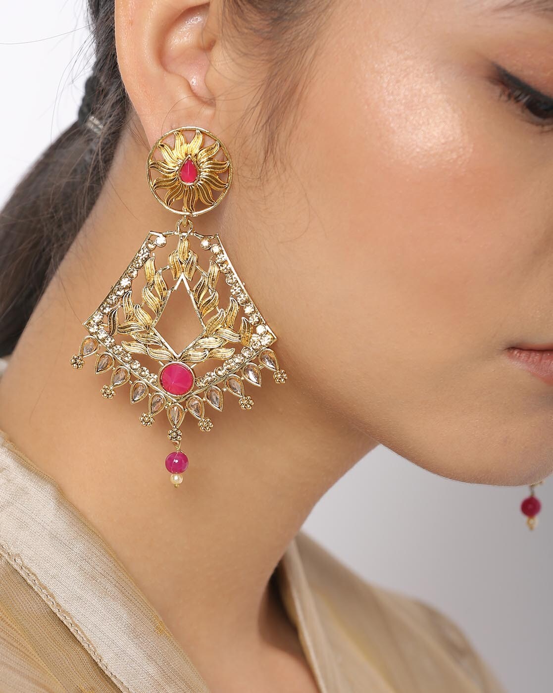 Earrings & Studs | Magenta Color Earrings With Gold Design | Freeup